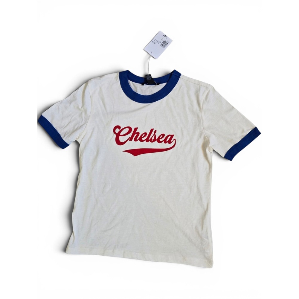 Forever 21 Womens Chelsea Graphic baseball T-Shirt White‎ Blue Small New ringer
